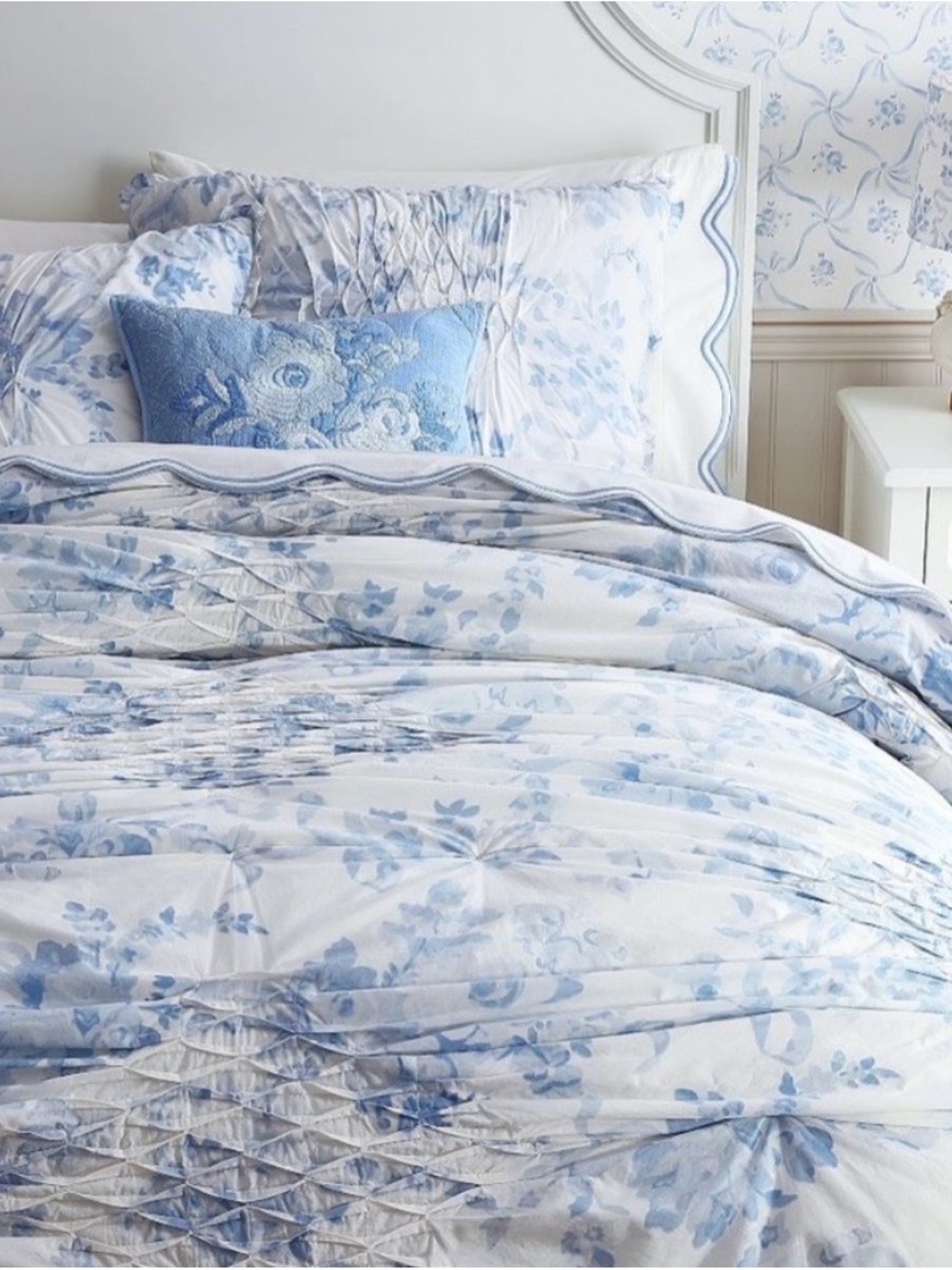 Loveshack Fancy Blue Damask Twin Smocked Quilt and Sham by Pottery Barn